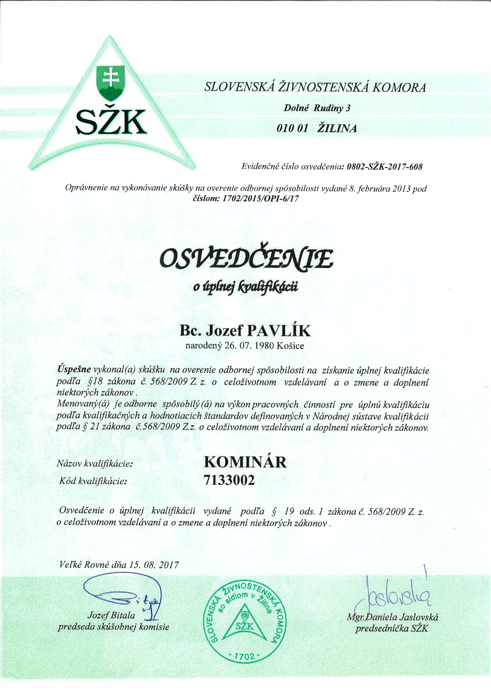 Osvedčenie / certifikát 1