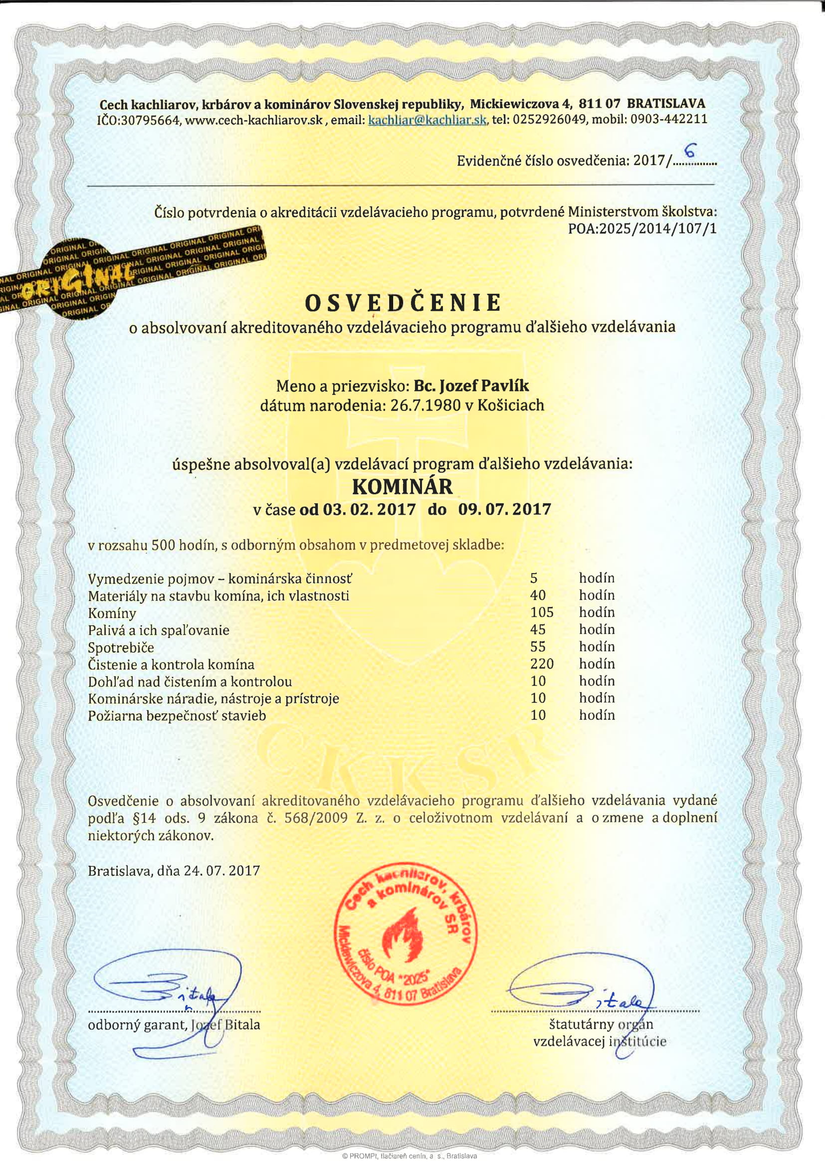 Osvedčenie / certifikát 2